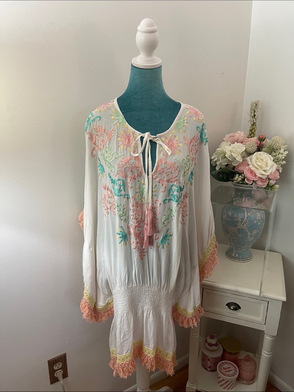 White Embroidered Boho Dress/Cover with Pink, Turquoise, and yellow accents